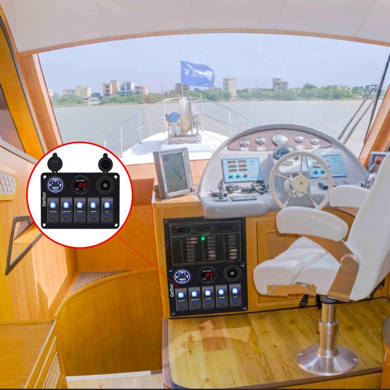 Garfour 5 Gang Boat Switch Panel Marine, Waterproof Rocker Switch Panel with 12V Voltmeter, Type-C & QC 3.0 USB Charger for 12V/24V Car Truck Boat RV - Image 5